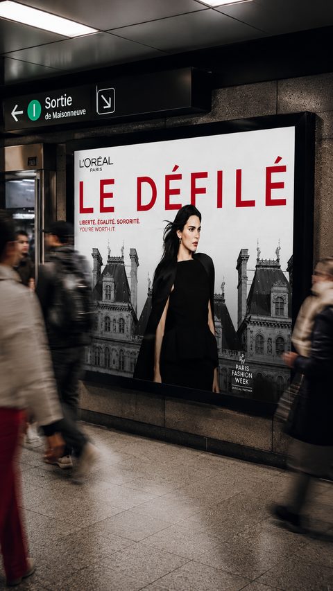 Affiche Le Défilé de L’Oréal dans une station de métro, avec des voyageurs qui passent devant.